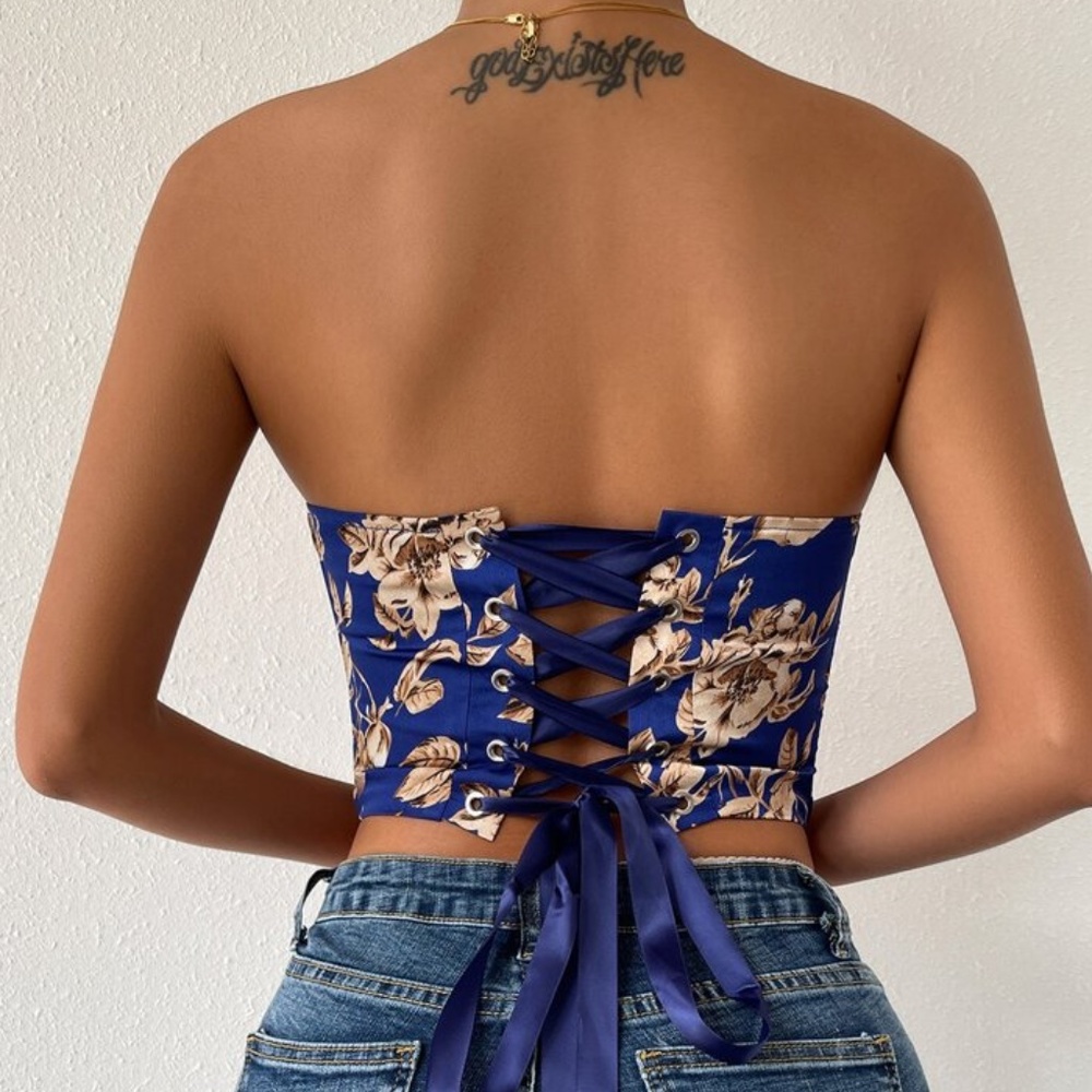 Boho floral print lace up back satin bustier corset tube top - Picture 3 of 13